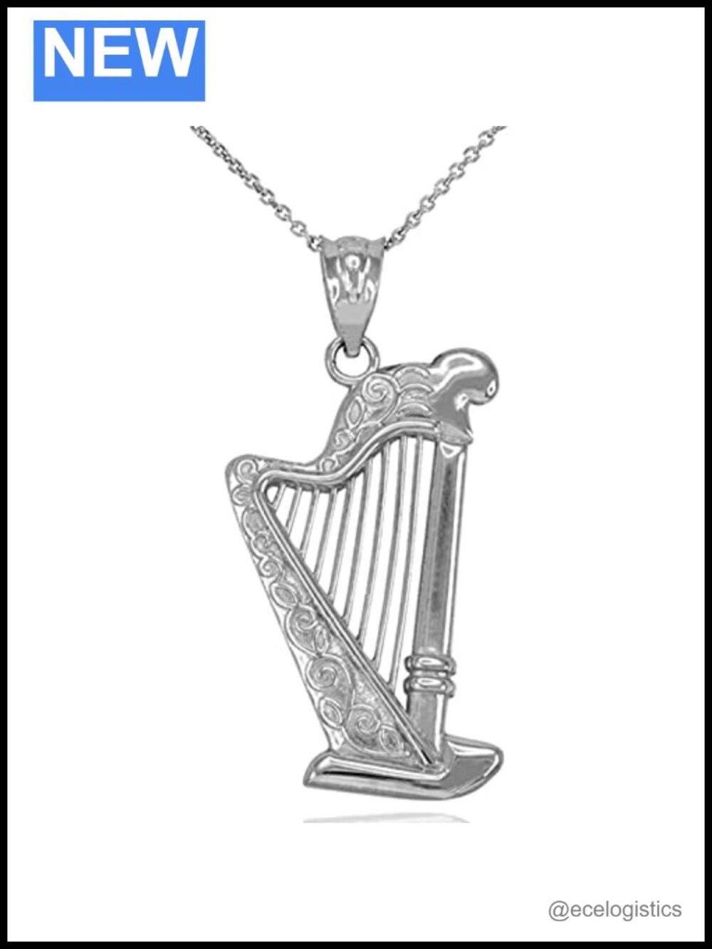 Sterling Silver Harp Pendant Necklace with Rolo Chain, 16 Inches, Unisex